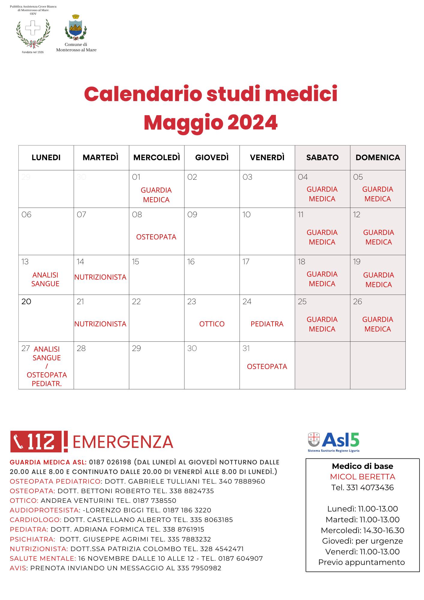 Calendario Studi medici e Guardia medica