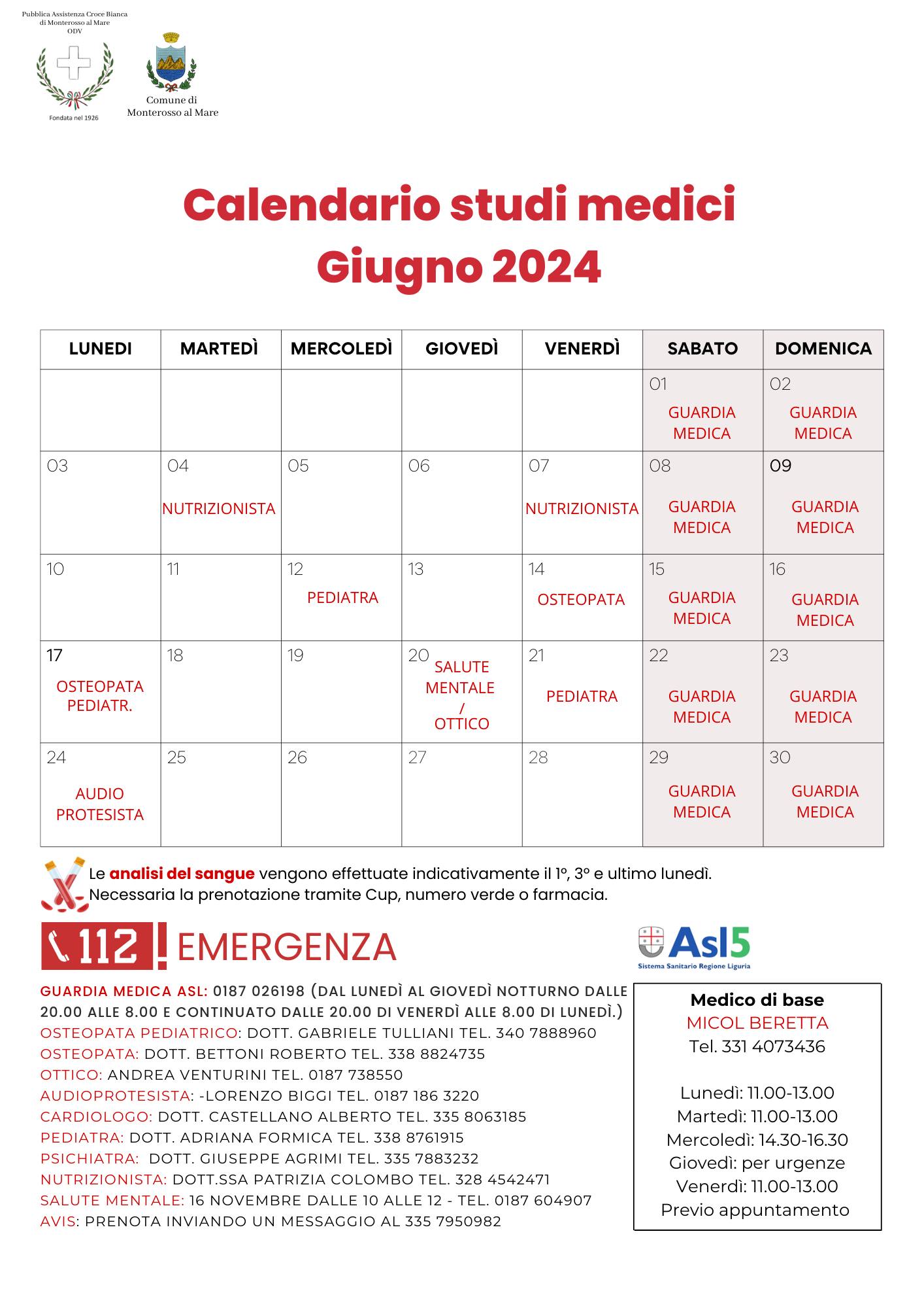 Calendar of medical offices and emergency medical services